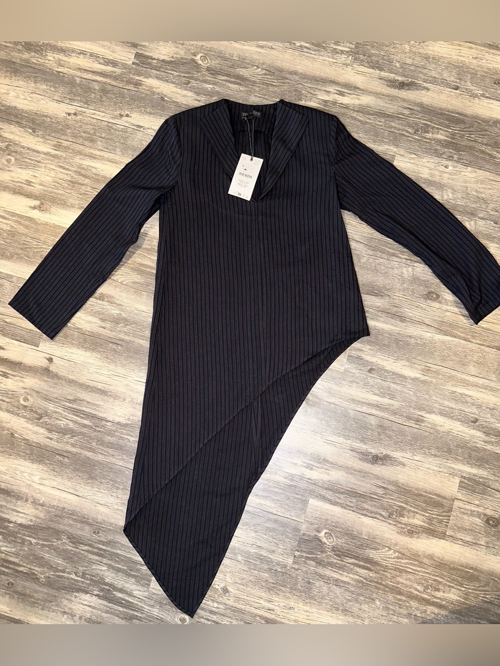 Zara Woman Asymmetrical Pinstripe Tunic Top Sz S NWT Navy Brown Long Sleeve $119